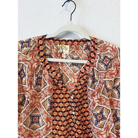 Anthropologie Fig and Flower Top Womens Medium Red Medallion Print Peasant Boho - Picture 2 of 8